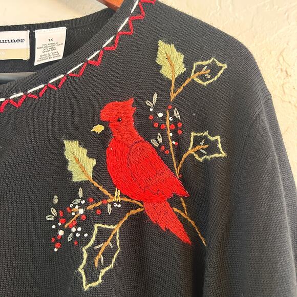 Alfred Dunner Cardigan Womens 1X Plus Black Wool Blend Cardinal Embroidered - Picture 4 of 8